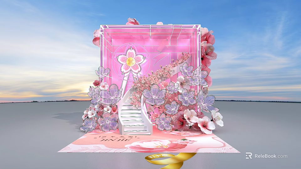 Pink Themed Photo Check In Spot With Cherry Blossoms Stairs And Butterflies 3d model 