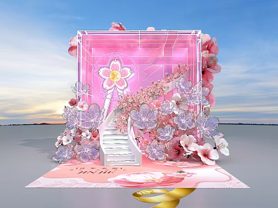 Pink Themed Photo Check In Spot With Cherry Blossoms Stairs And Butterflies 3d model