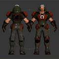 Two 3D Character Models With Red Gray Armor Costume And Hooded Design Front Back View