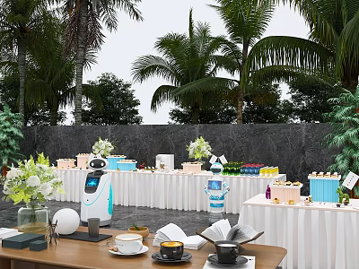 Outdoor Living Scene With Daily Life Products Cups Fruits Flowers And White Tablecloth 3d model