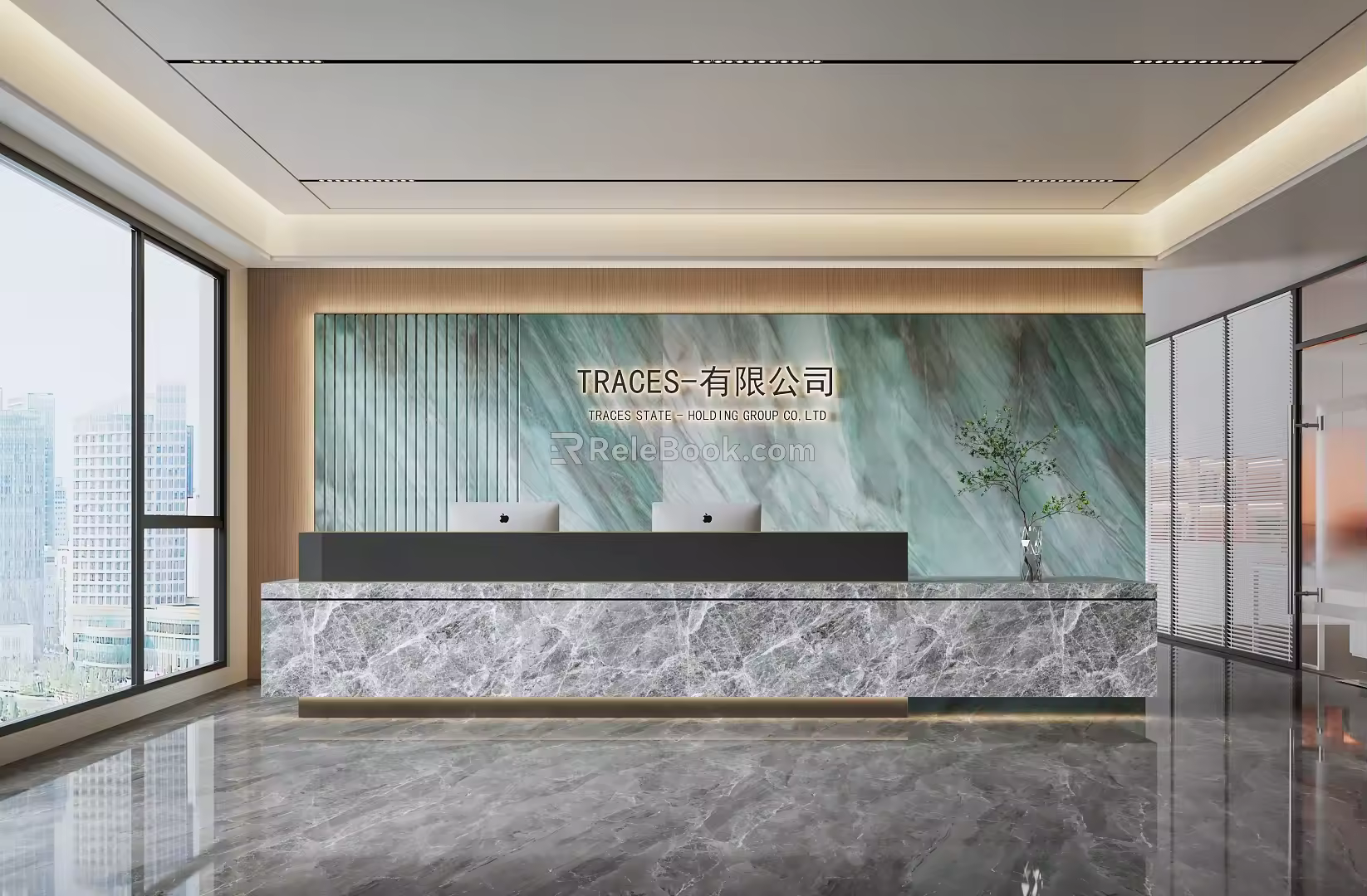 Modern company front desk background wall computer glass partition front desk 3d model