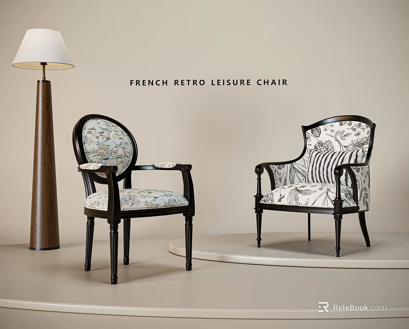 French Retro Leisure Chair With Ornate Wooden Frame And Patterned Fabric 3d model 