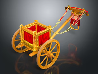 Ancient Decorative Carriage With Golden Frame Red Cushion And Large Wooden Wheels 3d model