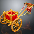 Ancient Decorative Carriage With Golden Frame Red Cushion And Large Wooden Wheels
