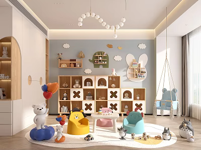 Kids Room Interior With Swing Colorful Chairs Wooden Bookshelves And Cloud Decorations 3d model