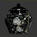 Intricate Floral Sculpted Black Jar With Lid And White Flower Carvings