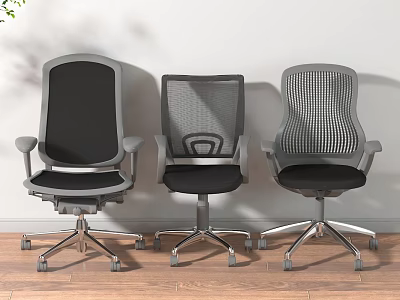 Three Modern Office Chairs with Mesh Back Ergonomic Design and Swivel Wheels on Wooden Floor 3d model