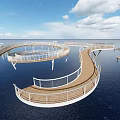 Modern Curved Wooden Bridge Over Water With Winding Paths And Support Structures 3d model