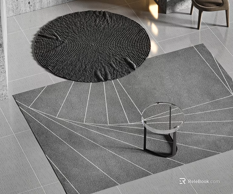 Square Carpet With Geometric White Lines Pattern On Tile Floor With Small Table And Chairs 3d model 