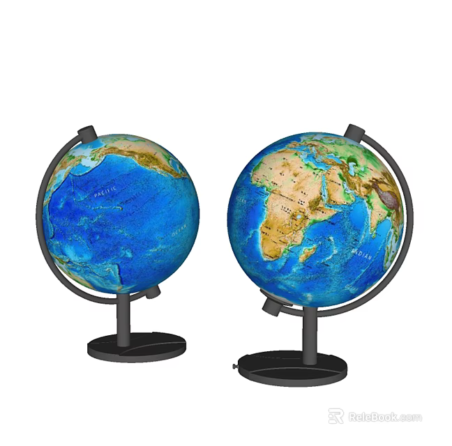 Globe Decorative Ornament Set With Blue Ocean Brown Land And Black Base 3d model 