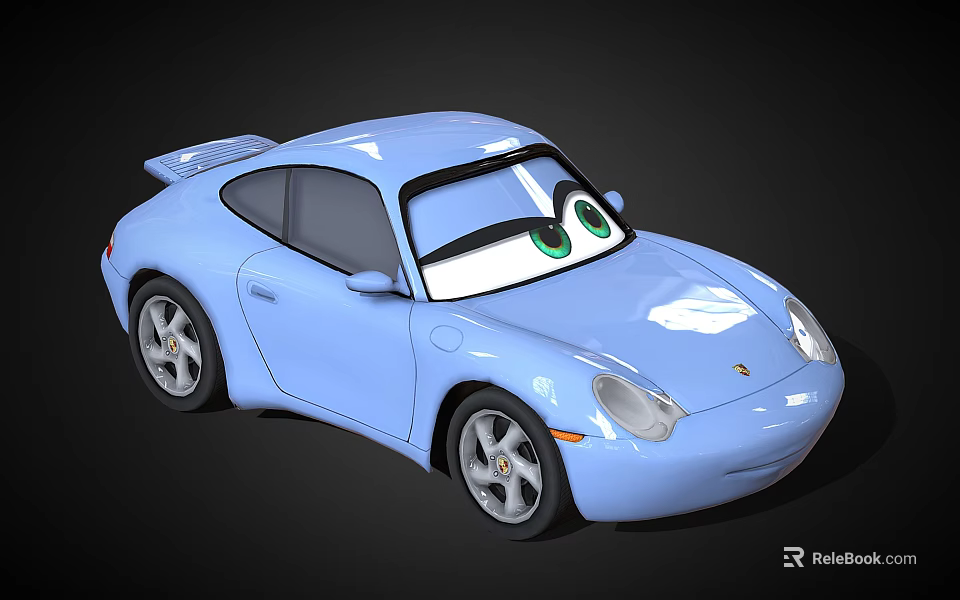 Blue Cartoon Porsche Style Car With Big Green Eyes Two Door Spoiler And Silver Wheels 3d model 