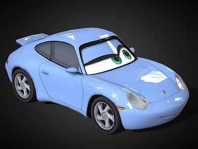 Blue Cartoon Porsche Style Car With Big Green Eyes Two Door Spoiler And Silver Wheels 3d model