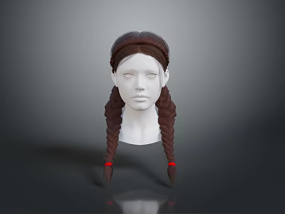 Human Head Model With Detailed Facial Features And Brown Braided Pigtails With Red Accessories 3d model