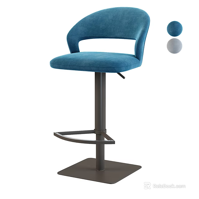 Blue Velvet Bar Stool With Curved Backrest And Sturdy Metal Base Design 3d model 