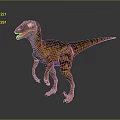 Colorful Striped Velociraptor Dinosaur 3D Model In Green Orange Brown Standing Pose