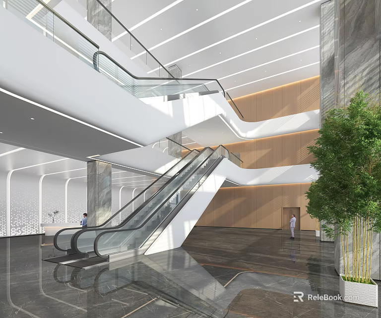 Modern Service Hall Interior Featuring Escalators Marble Flooring Green Plants And Open Space 3d model 