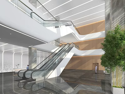 Modern Service Hall Interior Featuring Escalators Marble Flooring Green Plants And Open Space 3d model