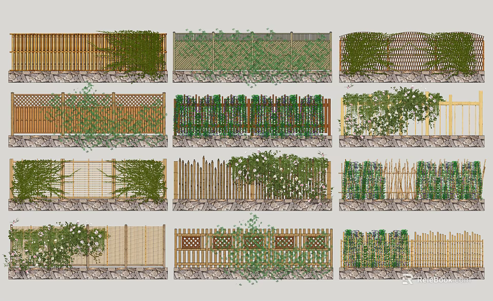 Various Wooden Fence Design Ideas With Green Plants And Woven Patterns 3d model 