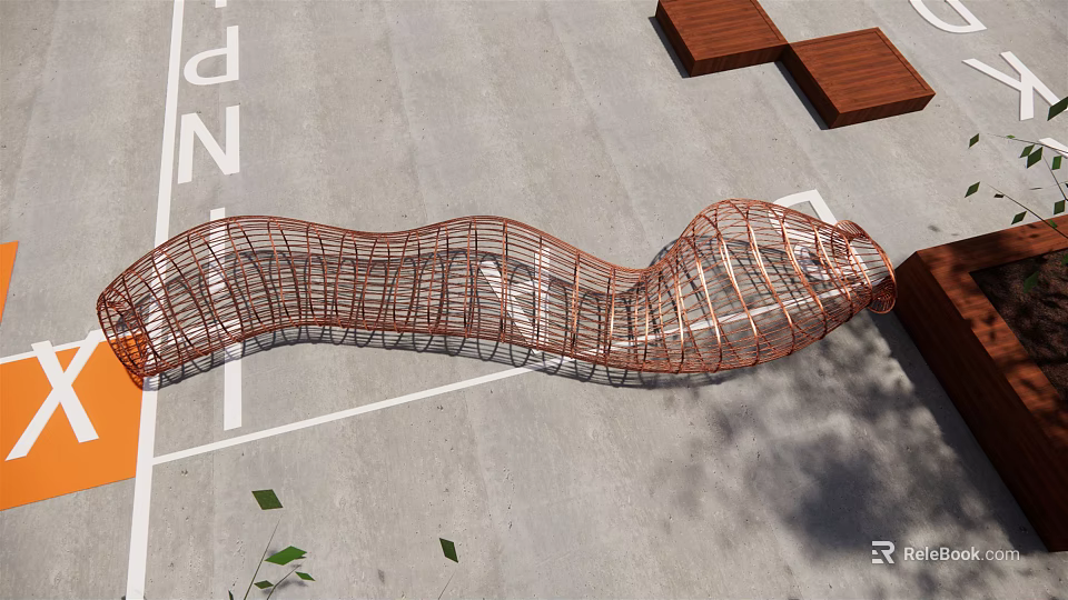 Modern Red Metal Mesh Landscape Seat With Wavy Design For Outdoor Areas 3d model 