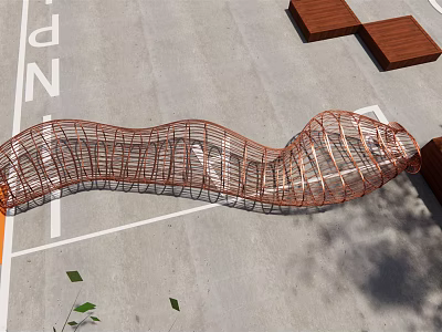 Modern Red Metal Mesh Landscape Seat With Wavy Design For Outdoor Areas 3d model