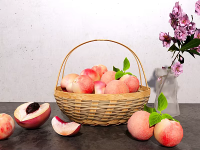Fresh Ripe Peaches in Wicker Basket with Sliced Peaches and Purple Flowers on Gray Countertop 3d model