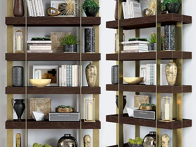 Modern Multi Tiered Shelving Unit With Books Vases Plants And Decorative Items 3d model