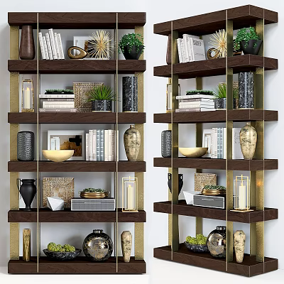 Modern Multi Tiered Shelving Unit With Books Vases Plants And Decorative Items 3d model