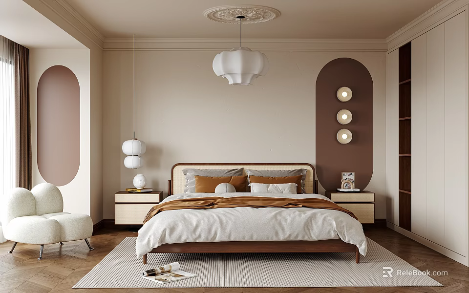 Modern Bedroom Interior Design With Bed Nightstands Pendant Light And Arched Accent Walls 3d model 