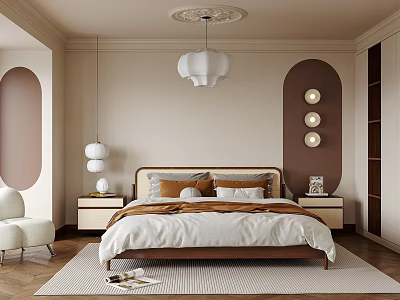 Modern Bedroom Interior Design With Bed Nightstands Pendant Light And Arched Accent Walls 3d model