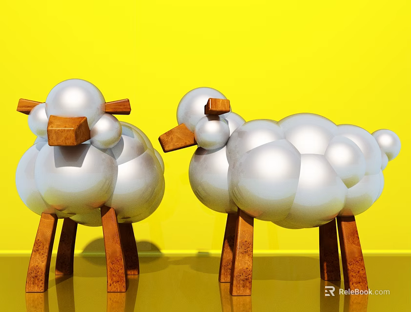 Silver Sheep Shaped Ornament Decoration Set With Wooden Legs And Orange Noses On Yellow Background 3d model 