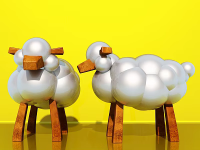 Silver Sheep Shaped Ornament Decoration Set With Wooden Legs And Orange Noses On Yellow Background 3d model