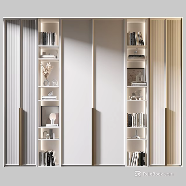 Modern White Bookcase With Open Shelves Books Decorative Vases And Lighting 3d model 