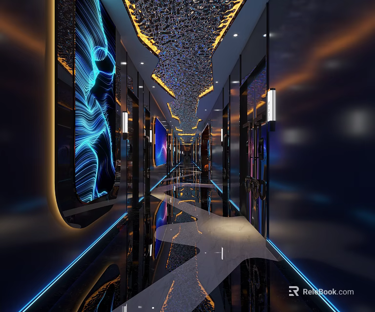 Modern Corridor Interior With Blue Wave Mural LED Lighting And Reflective Floor Design 3d model 