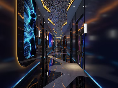 Modern Corridor Interior With Blue Wave Mural LED Lighting And Reflective Floor Design 3d model