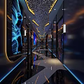 Modern Corridor Interior With Blue Wave Mural LED Lighting And Reflective Floor Design
