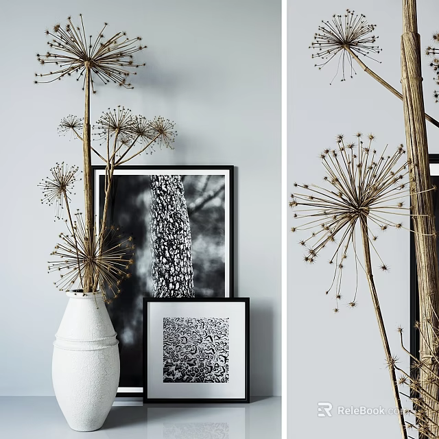 Decorative Ornament Set With White Vase Dried Flowers And Black White Photo Frames 3d model 
