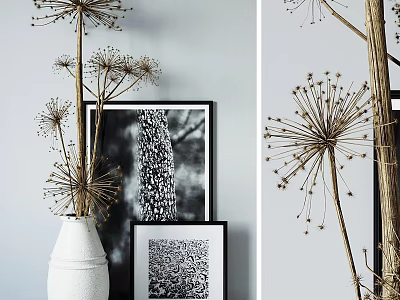 Decorative Ornament Set With White Vase Dried Flowers And Black White Photo Frames 3d model