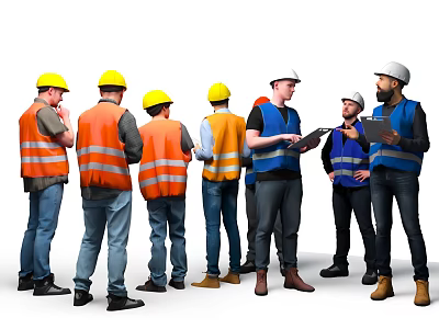 Group of Construction Workers Wearing Safety Vests And Yellow White Hard Hats Discussing Work 3d model