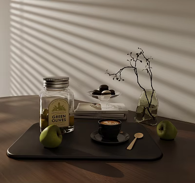 Modern Tableware Set on Black Tray with Olive Oil Jar Coffee Cup Apples and Vase 3d model