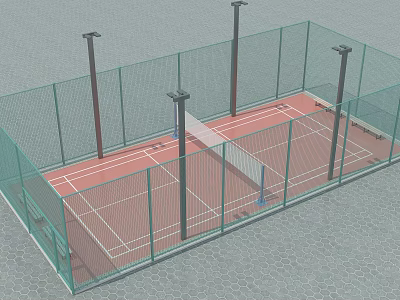 Outdoor Fenced Badminton Court With Red Surface White Lines And Lighting Poles 3d model
