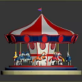 Colorful Carousel With Red And White Canopy Flag And Horse Figures On Blue Orange Base