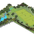 Park Landscape With Spacious Green Lawn Surrounding Trees Stream And Winding Paths