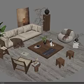 Modern Beige Sofa And Wooden Coffee Table Set With Green Plants Small Stools And Carpet