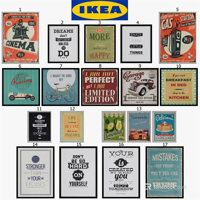 Vintage Decorative Frames with Various Retro Posters and Art Designs for Wall Decor 3d model 