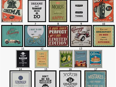 Vintage Decorative Frames with Various Retro Posters and Art Designs for Wall Decor 3d model