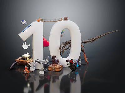 Creative Number 10 Scene With Dinosaur Skeleton Car Toys Figures And Models 3d model