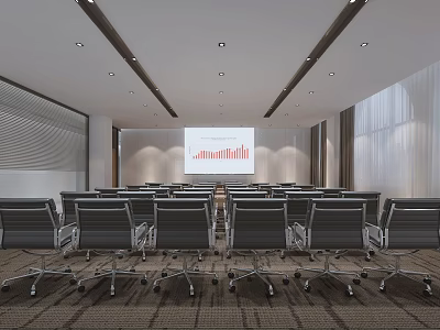 Modern Conference Room With Neatly Arranged Gray Chairs Projection Screen Colorful Charts And Strip Lights 3d model
