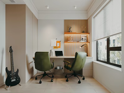 Modern Study Room With Green Chairs Desk And Guitar 3d model