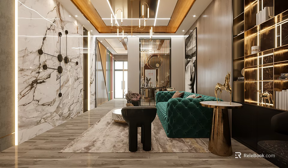 Hotel Public Lounge Area Modern Elegant Marble Walls Green Velvet Sofa Golden Decor Geometric Chandeliers 3d model 