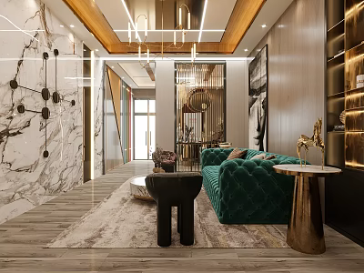 Hotel Public Lounge Area Modern Elegant Marble Walls Green Velvet Sofa Golden Decor Geometric Chandeliers 3d model